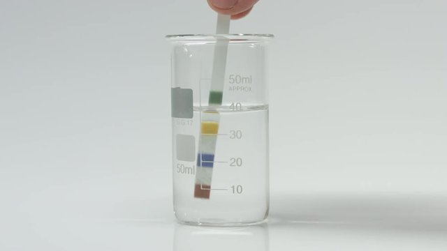 Dip test strip in beaker with water sample, tap water testing