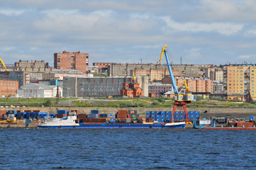 View of the port of Dudinka city  on the river Jenisej in Russia
