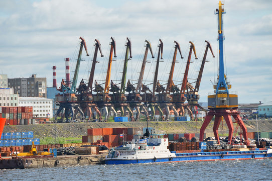View of the port of Dudinka city  on the river Jenisej in Russia
