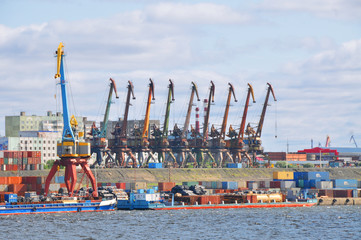 View of the port of Dudinka city  on the river Jenisej in Russia
