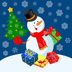 Cheerful snowman. Greeting card. New Year. Gifts. Beautiful background.