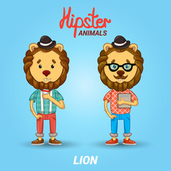 Two hipster lions. ?nimals hipster students with a book and a cup of coffee