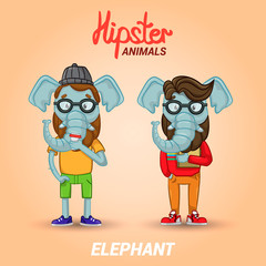 Two hipster elephant. Animals hipster students with a book and a cup of coffee