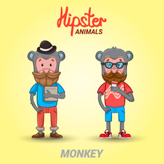 Two hipster monkeys. Animals hipster students with a book and a cup of coffee