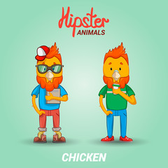 Two hipster chicken. Animals hipster students with a book and a cup of coffee