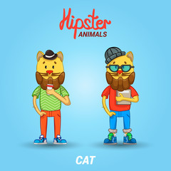 Two hipster cat. animals hipster students with a book and a cup of coffee