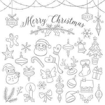 Set of cute vector doodles of christmas elements. Hand-drawn illustration.