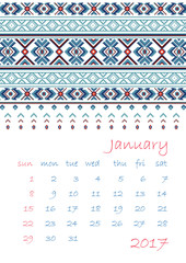 2017 Calendar planner with ethnic cross-stitch ornament Week starts on Sunday