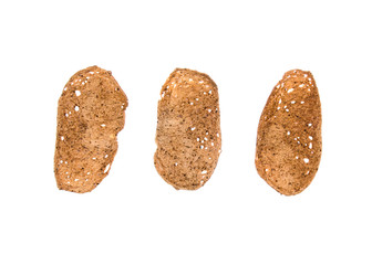 Top view bread crisps isolated on white background. Vegetarian snacks, appetizers, flat lay, composition from above. Healthy diet concept.