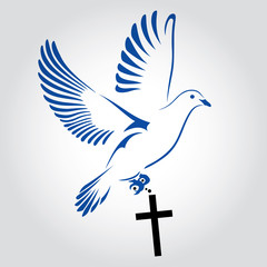 Dove flying with a Symbol of Religion. Cross. Dove Of Peace. Vector illustration.