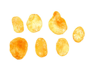 Top view set of potato chips with pepper isolated on white background. Fast snacks, appetizers, flat lay, composition from above. Unhealthy diet concept.