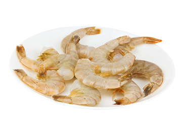 delicious appetizing prawns on white plate on white