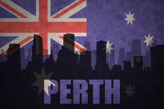 abstract silhouette of the city with text Perth at the vintage australian flag