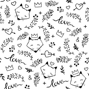 Vector seamless pattern with hand drawn cute foxes isolated on w
