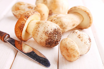 White mushrooms on a white wooden background