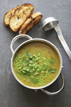 Green pea soup in an aluminum pan garnished with fresh mint