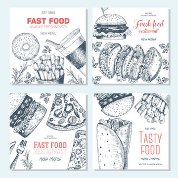 Fast food square banner set. Pizza, hamburger and french fries collection. Vector illustration, linear graphic drawn. Fast food menu design.