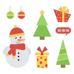 Set, collection of cute christmas and new year icons isolated on white background. Snowman, christmas trees and decorations, gift boxes, speech bubble.