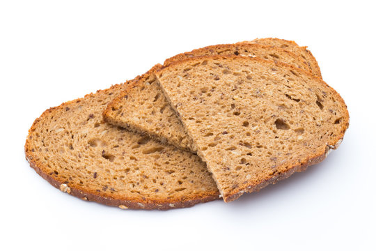 Slices of rye bread isolated on white background.
