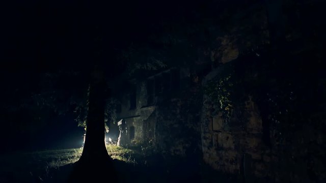 Beautiful zombie corpse bride looked scary in forest. Halloween bride