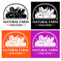 Natural Farm Fine Food Logo with Fresh Vegetables and Fruits Basket