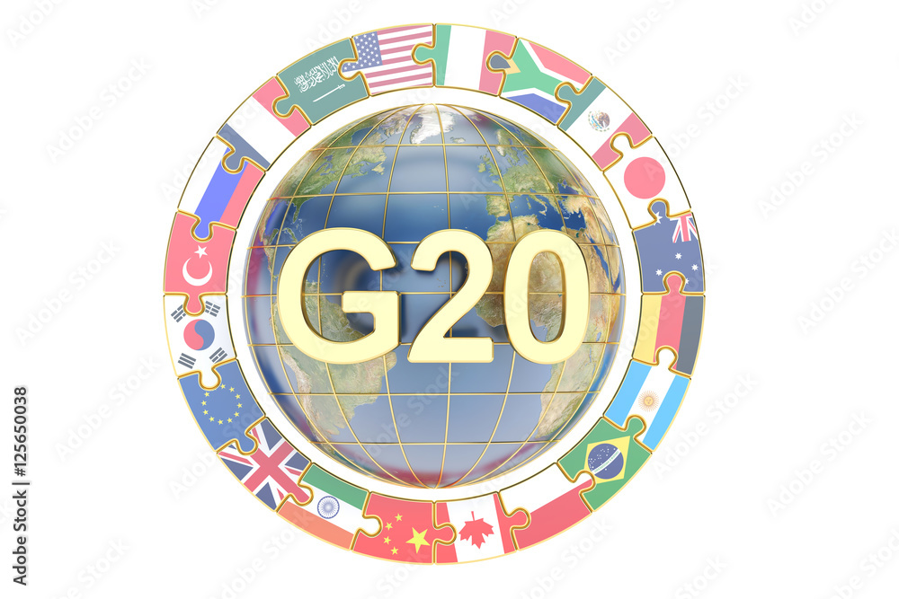Poster summit g20 concept with globe, 3d rendering