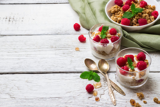 Breakfast concept. Coffee muesli granola berries homemade yogurt