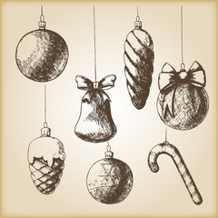 Brown vintage sketch - Christmas hand drawn ornaments.