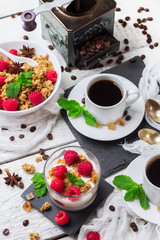 Breakfast concept. Coffee muesli granola berries homemade yogurt