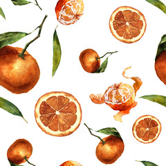 Watercolor seamless pattern with mandarins and leaves. Citrus ornament on white background for design, fabric or print.