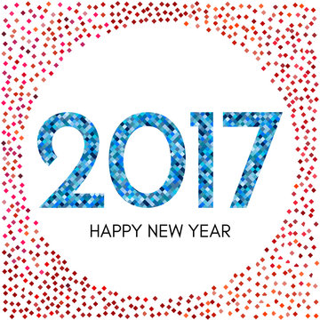 Happy New Year 2017 label with red and blue confetti. New Year and Xmas Design Element Template. Vector Illustration.
