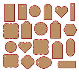 Set of kraft paper tags, labels with red back.