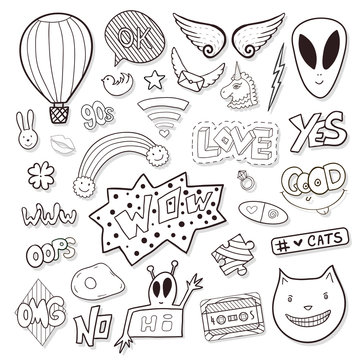 Girly elements with alien, speech bubbles, cassette. Line icon vector set. Cartoon black and white stickers