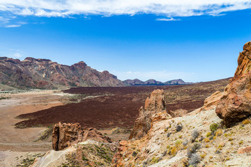 Volcanic landscape with erosion and sparse vegetation, Teide National Park. Tenerife, Canary islands, Spain