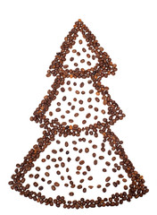 A coffee grains on white background in shape of Christmas tree