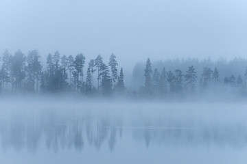 Nebel Sonnenaufgang See Holmasjön, Smaland Schweden