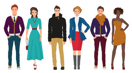 Obraz premium Handsome young guys with beautiful girls models couples in casual modern fashion clothes isolated. People couples.