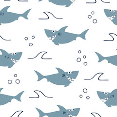 Cartoon sharks seamless pattern. Vector background.