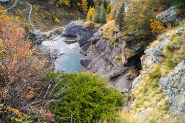 blue pond at the bottom of the waterfall, mountain landscape, long exposure silky water