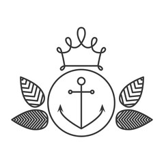 silhouette closeup shield with anchor in circle and leafs vector illustration