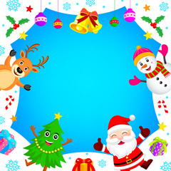 Christmas Characters Frame, Santa Claus, Snowman, Tree, Reindeer. With Xmas elements design, illustration.