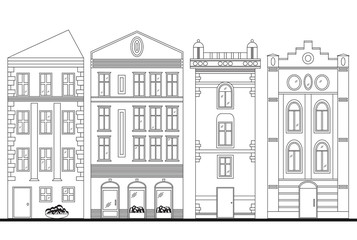 Beautiful detailed linear cityscape collection with townhouses. Small town street with victorian building facades. Template for web, graphic, game and motion design. 