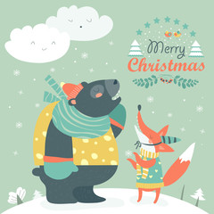 Funny bear and happy fox