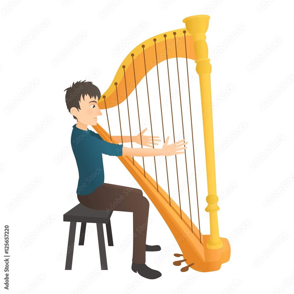 Poster man plays on harp icon. flat illustration of man plays on harp vector icon for web