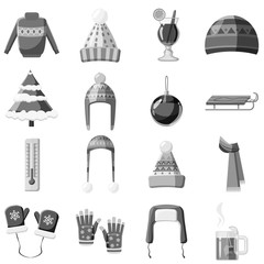 Winter clothes icons set. Gray monochrome illustration of 16 winter clothes vector icons for web