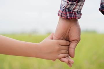 Portrait of Father and daughter holding hand in hand on field.