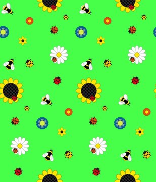 Background of the five kinds of flowers, bumble bees, bees and l