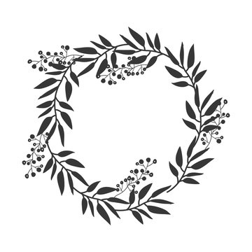 Gray Scale Decorative Crown Of Branch Olive Large Leaves Vector Illustration