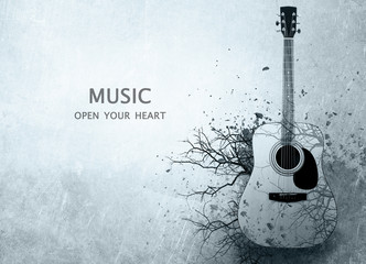 Acoustic guitar with leafless tree branches on gray background. Text MUSIC OPEN YOUR HEART....