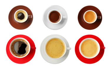 Collage of cups with tasty coffee on white background